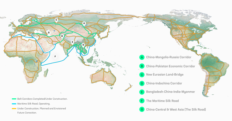 The 6 Corridors of the Economic Belt of the New Silk Road (A-F) and the Maritime Silk Road (F) which were announced by President Xi in 2013. The other global transcontinental corridors were envisioned by the Schiller Institute as early as 1992. Credit: Belt and Road Institute in Sweden (BRIX) 